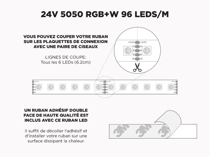 Ruban LED iP20 24V RGB+W 5050 à 96 LEDs/m - 5m (Ruban seul)