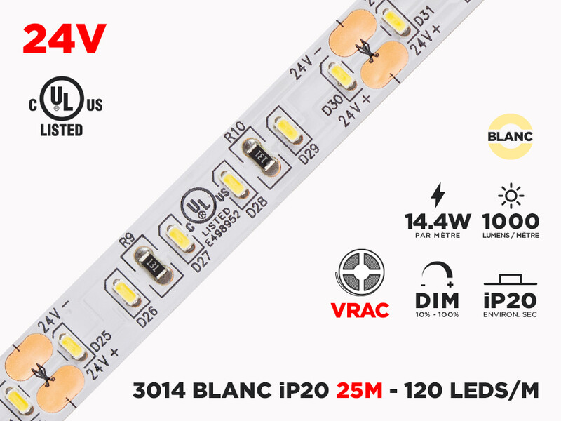 Ruban LED IP20 24V 3014 Blanc à 120 LEDs/m - 25m (Ruban seul)