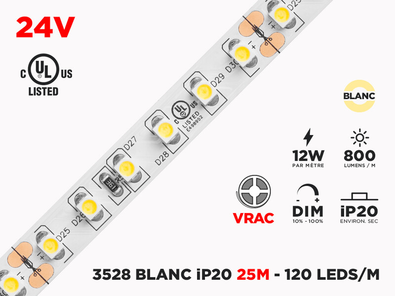 Ruban LED iP20 24V 3528 Blanc à 120 LEDs/m - 25m (Ruban seul)