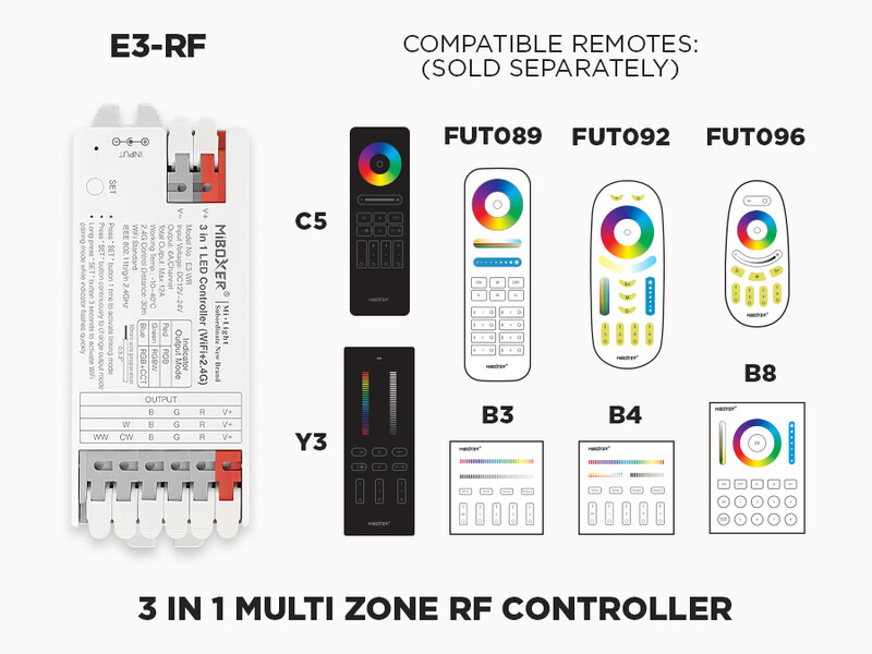 E3-RF 3 in 1 RF LED Controller (RGB, RGB+W, RGB+CCT) 1 to 8 Zones Self repeating