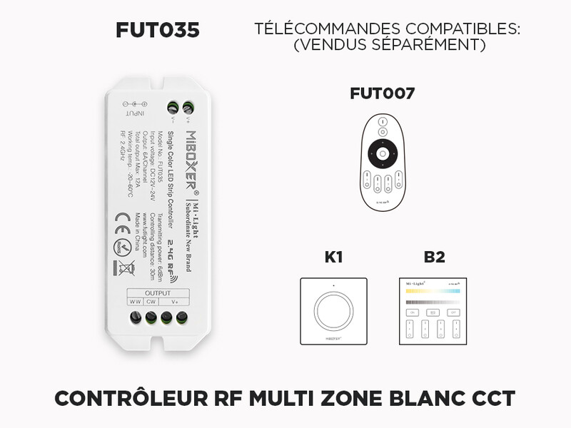 Contrôleur LED CCT Blanc Variable RF 1 à 4 zones à relai de signal automatique FUT035 (Amélioré)