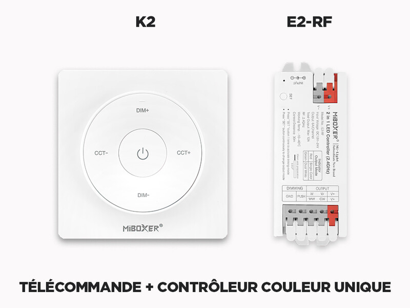 Télécommande Murale Detachable RF 1 Zone pour Rubans LED Couleur Unique et Blanc CCT Ajustable (K2)