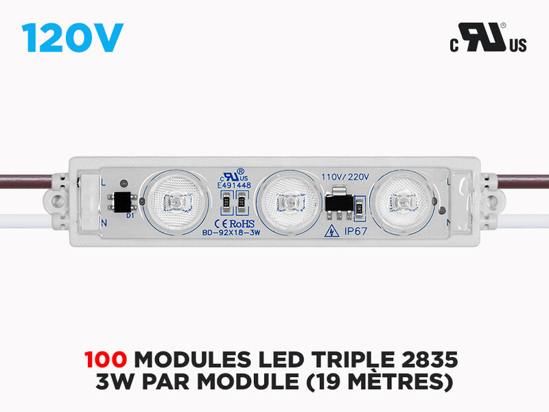 Ensemble de 100 Modules LED Triple 2835 Epistar 110V/220V CA (3W / Module), Couleur-Température: 6000-7000K Blanc Froid