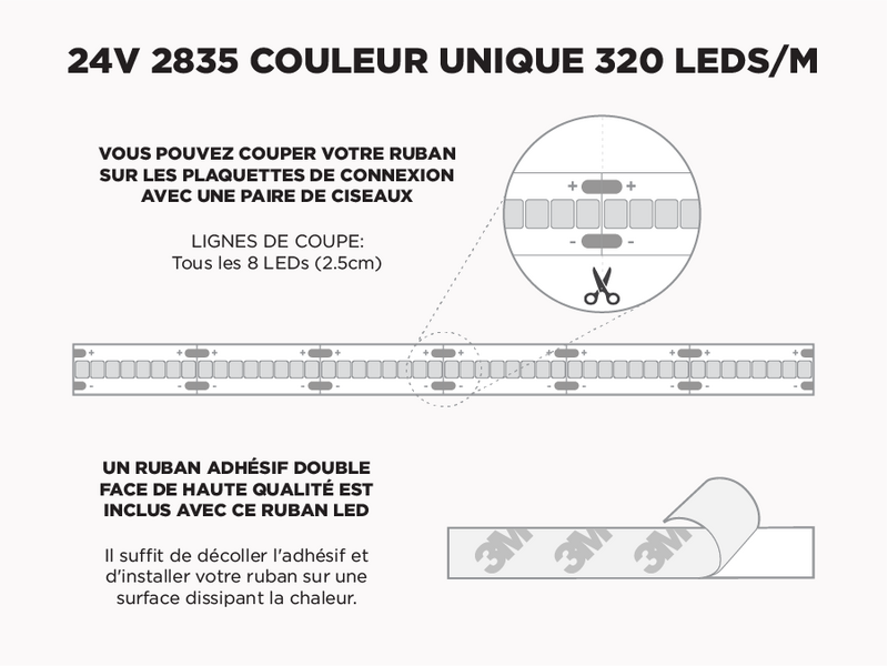 Ruban LED iP20 24V 2835 Haute intensité Blanc à 320 LEDs/m - 2.5m (Ruban seul)Ruban LED iP20 24V 2835 Haute intensité Blanc à 320 LEDs/m - 2.5m (Ruban seul)