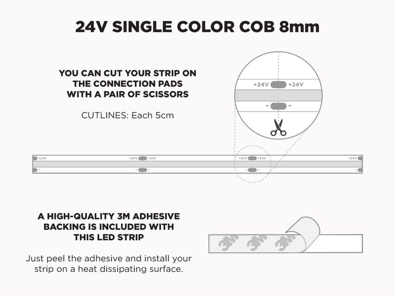 24V 8m iP20 8mm COB LED strip - White