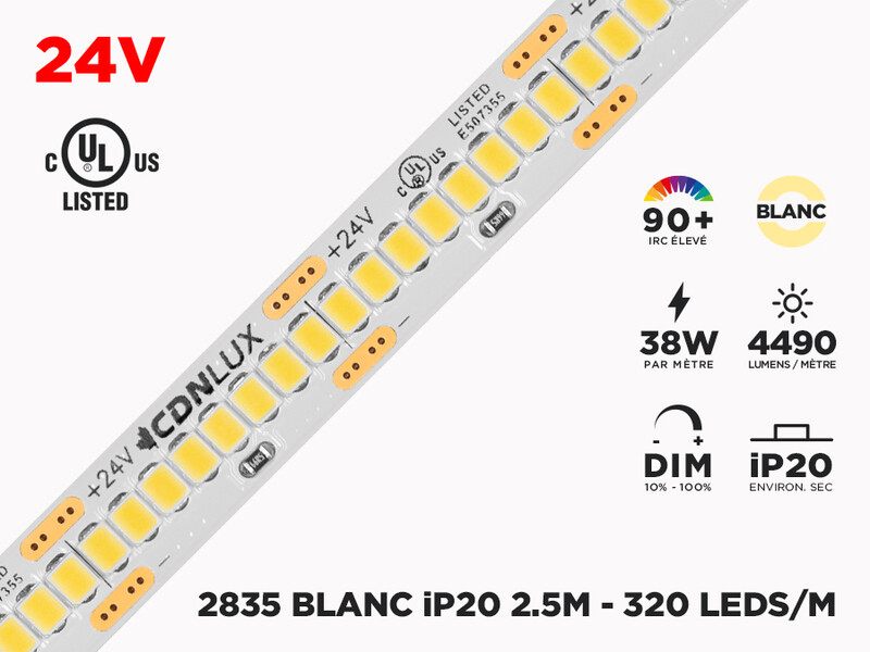 Ruban LED iP20 24V 2835 Haute intensité Blanc à 320 LEDs/m - 2.5m (Ruban seul)