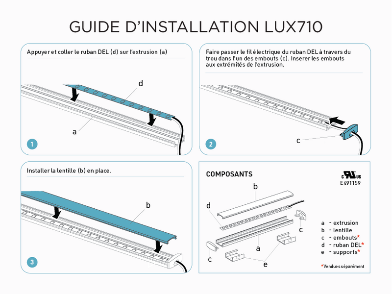 Profilé d’aluminium en U de 4 pieds pour ruban LED (LUX710)