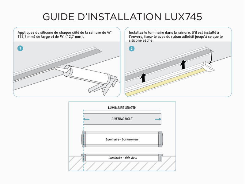 Profilé d’aluminium en U encastrable de 8 pieds pour ruban LED (LUX745)