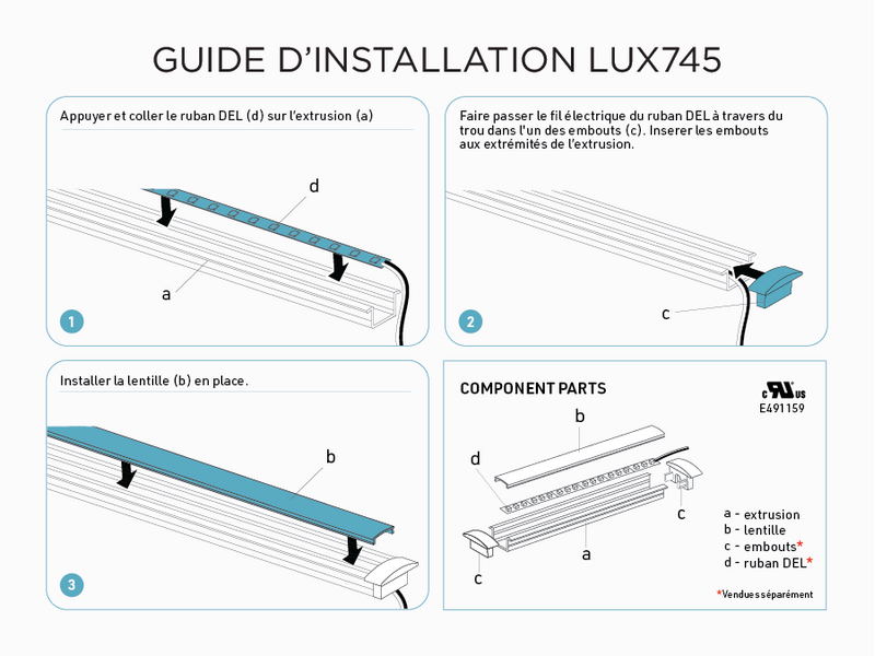 Profilé d’aluminium en U encastrable de 8 pieds pour ruban LED (LUX745)